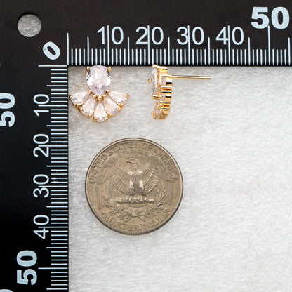 4pcs CZ Pave Gold Fan Shape Earring Posts, Gold Plated Brass Fan Stud Earrings (GB-3961)