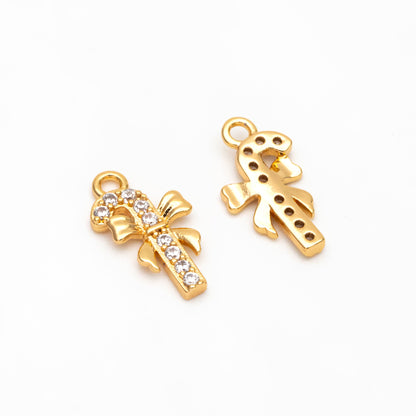 4pcs CZ Pave Christmas Candy Cane Charms: 18K Gold Plated Brass, 14x7mm (GB-713-E)