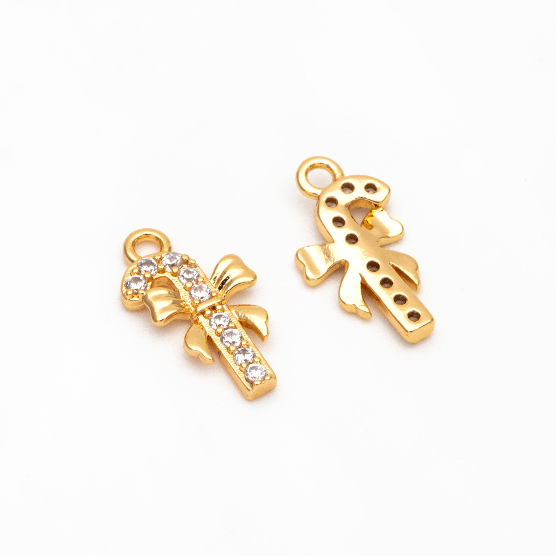 4pcs CZ Pave Christmas Candy Cane Charms: 18K Gold Plated Brass, 14x7mm (GB-713-E)
