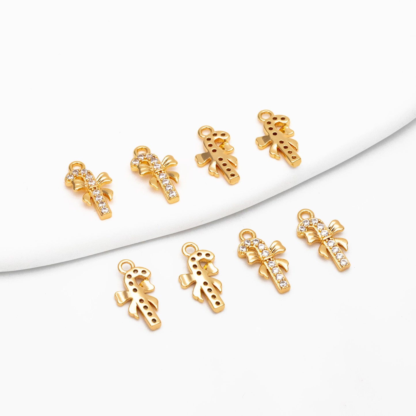 4pcs CZ Pave Christmas Candy Cane Charms: 18K Gold Plated Brass, 14x7mm (GB-713-E)