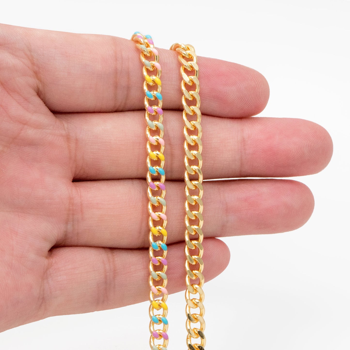 Mix Color Enamel Curb Chains 5mm, Gold Plated Brass, Strong Curb Chain (#LK-594)/ 1 Meter=3.3 ft