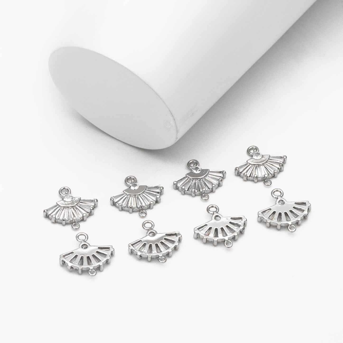 10pcs CZ Pave Gold/ Silver Fan Shaped Charm Connectors 14mm, 18K Gold plated on Brass (GB-539)