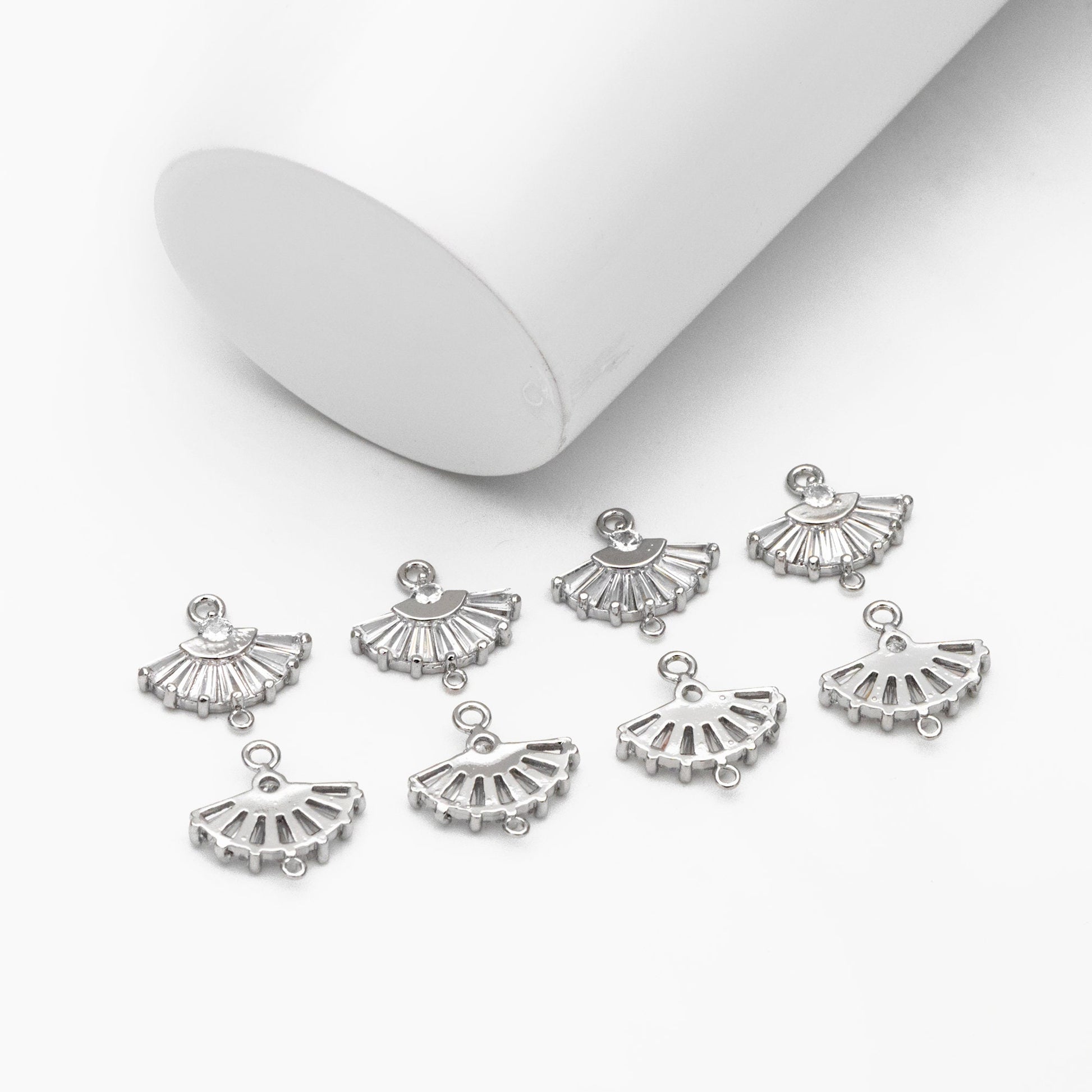 10pcs CZ Pave Gold/ Silver Fan Shaped Charm Connectors 14mm, 18K Gold plated on Brass (GB-539)