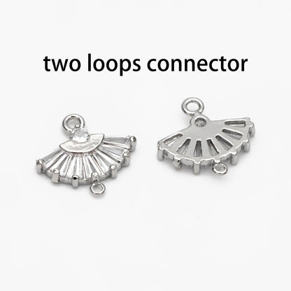 10pcs CZ Pave Gold/ Silver Fan Shaped Charm Connectors 14mm, 18K Gold plated on Brass (GB-539)