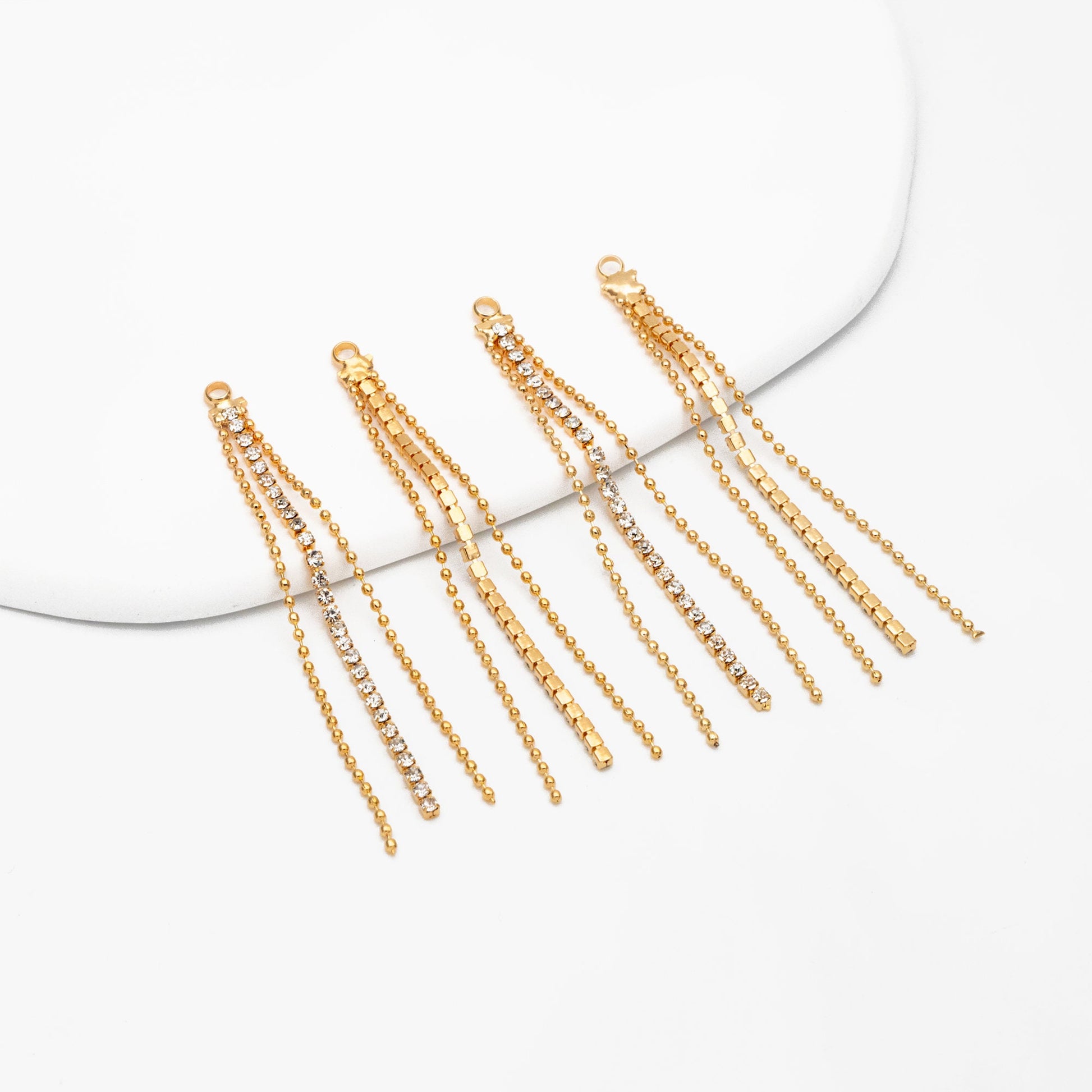 4pcs CZ Pave Gold Chain Tassel Charms 60mm, 18K Real Gold plated Brass, Tassel Earring Components (GB-1234-E)
