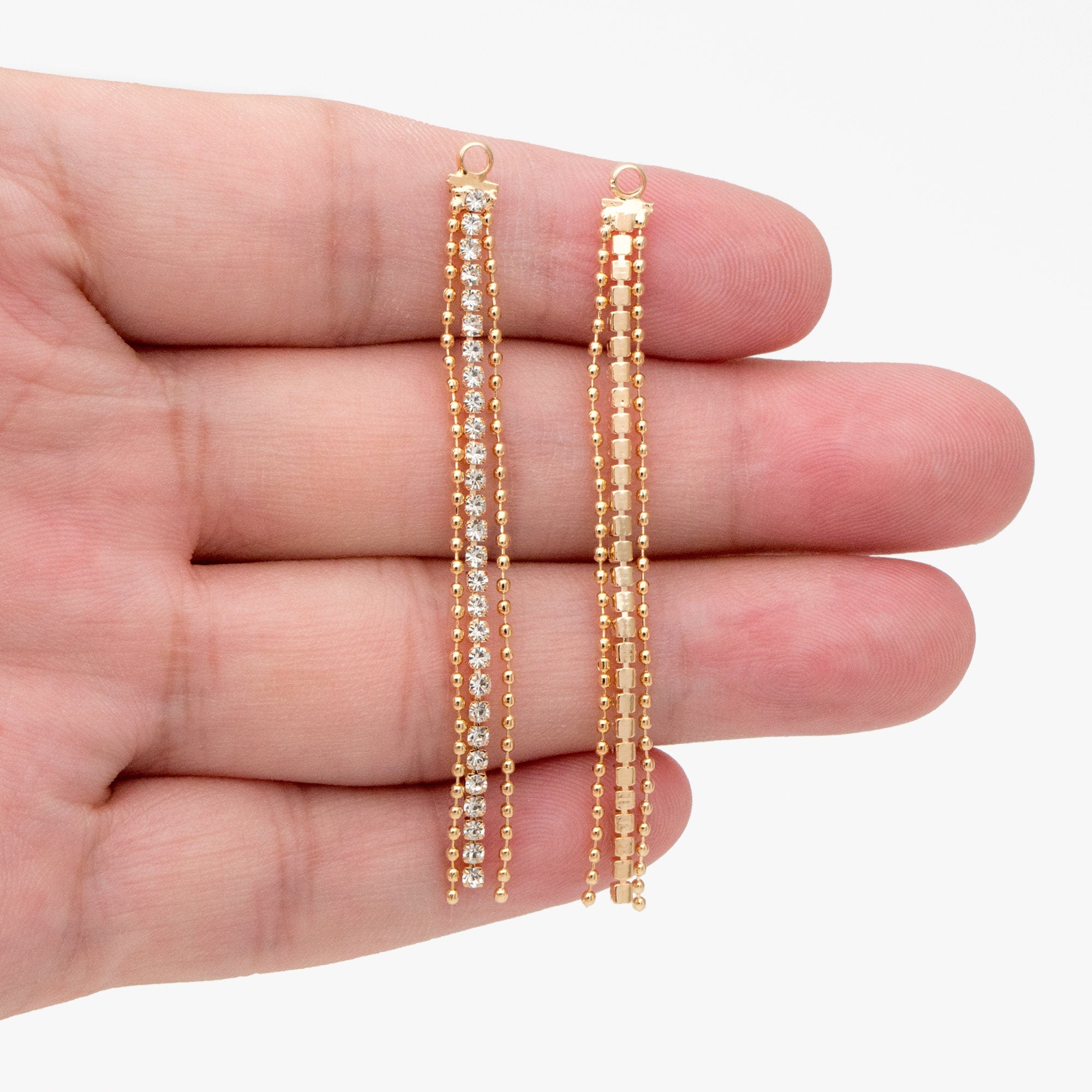4pcs CZ Pave Gold Chain Tassel Charms 60mm, 18K Real Gold plated Brass, Tassel Earring Components (GB-1234-E)
