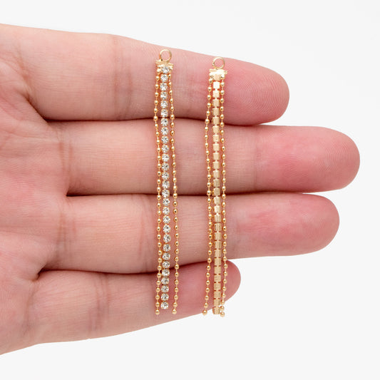 4pcs CZ Pave Gold Chain Tassel Charms 60mm, 18K Real Gold plated Brass, Tassel Earring Components (GB-1234-E)