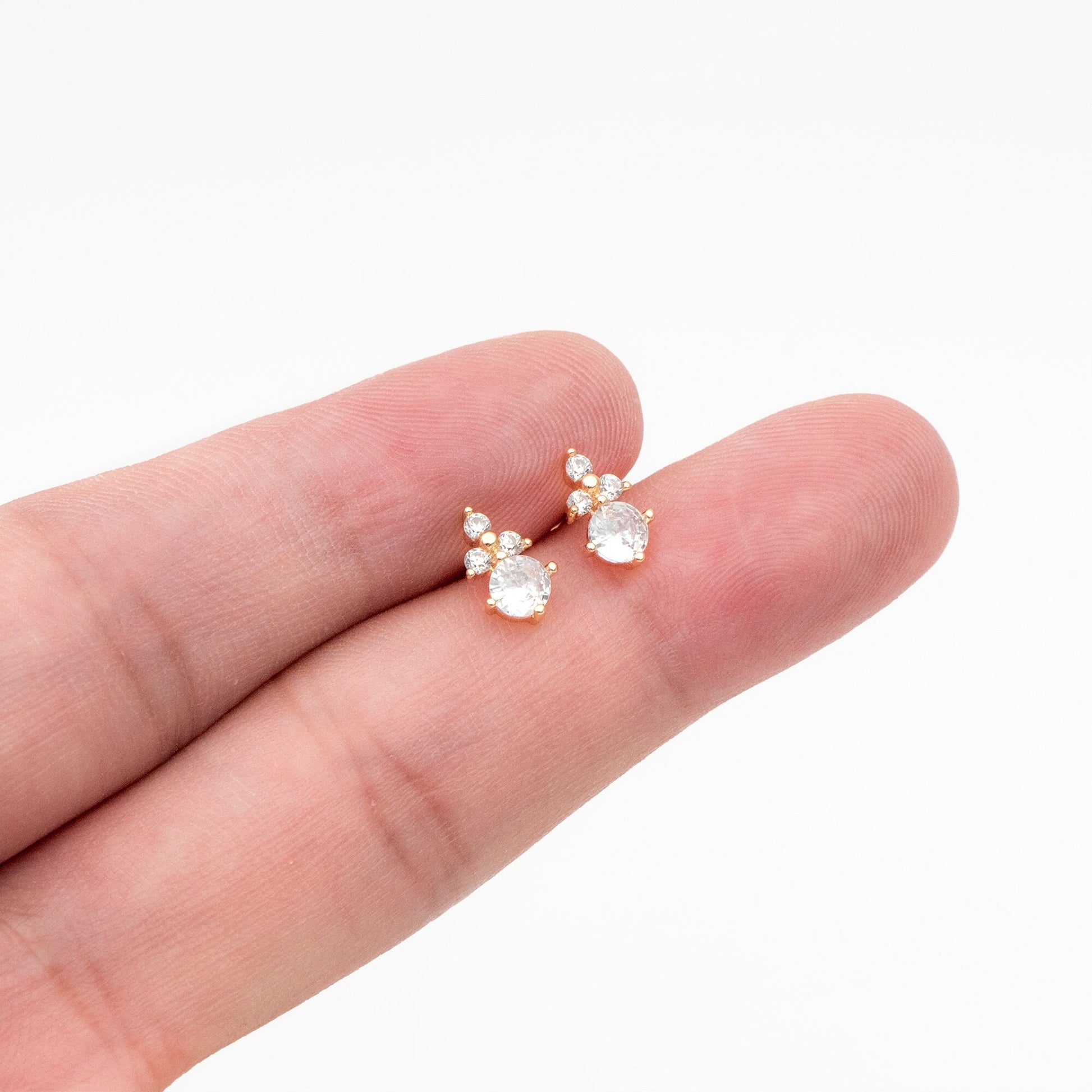 4pcs CZ Pave Round Earrings 9x5mm, Gold Plated Brass Dainty Stud Earrings (GB-4011)