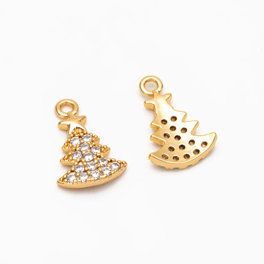 4pcs CZ pave Gold/ Silver Christmas Tree Charms 14x9mm, 18K Gold/ Rhodium plated Brass, Dainty Christmas Tree Pendants (GB-713-F)