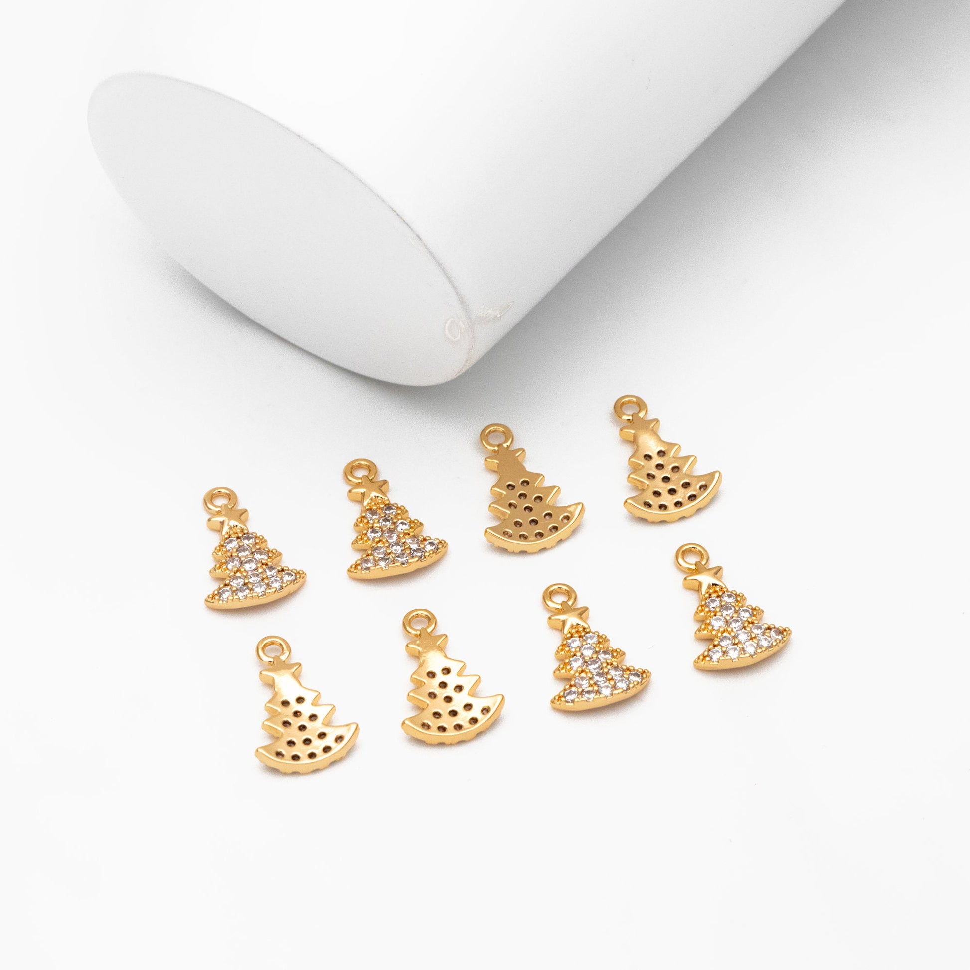 4pcs CZ pave Gold/ Silver Christmas Tree Charms 14x9mm, 18K Gold/ Rhodium plated Brass, Dainty Christmas Tree Pendants (GB-713-F)