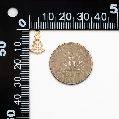 4pcs CZ pave Gold/ Silver Christmas Tree Charms 14x9mm, 18K Gold/ Rhodium plated Brass, Dainty Christmas Tree Pendants (GB-713-F)