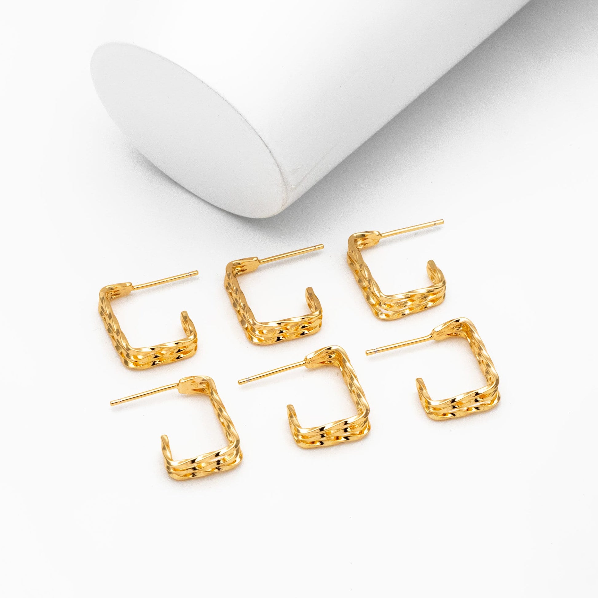 4pcs Gold Triple Band Square Earrings, 18K Real Gold Plated Brass, Geometric Earring Studs (GB-4057)