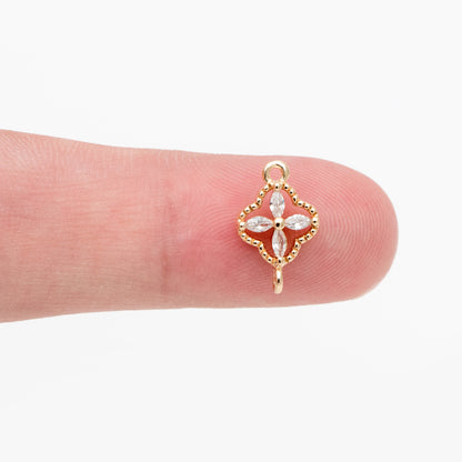 10pcs CZ Pave Gold Flower Charm Connectors 14mm, 18K Gold plated Brass Earring Connectors (GB-3780-E)