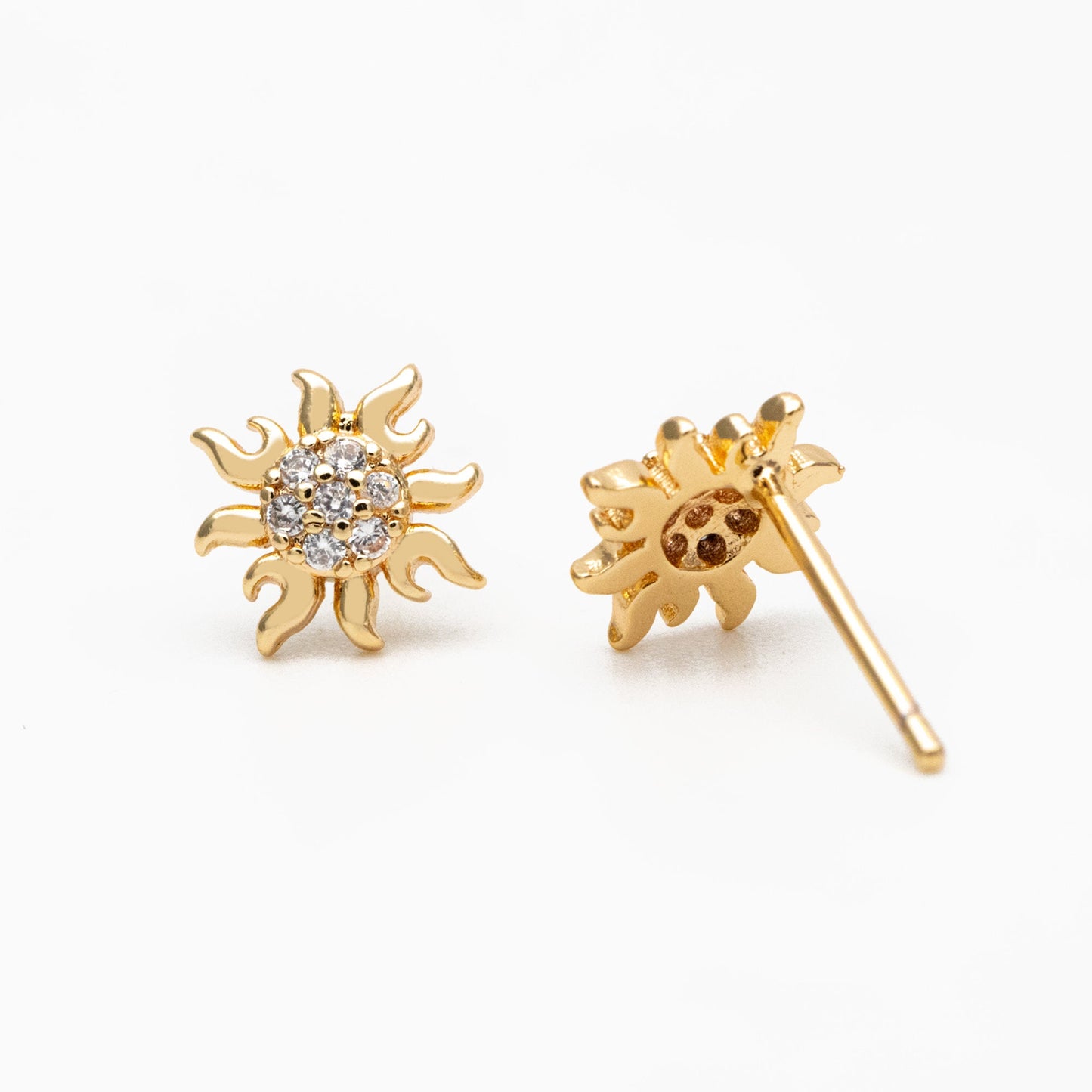 10pcs CZ Pave Gold Sun Earrings 9mm, Real Gold Plated Brass Stud Earrings (#GB-3041-L)
