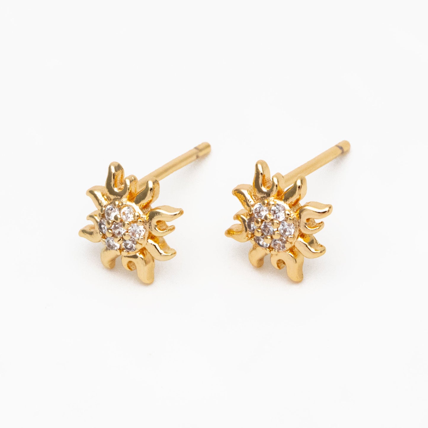 10pcs CZ Pave Gold Sun Earrings 9mm, Real Gold Plated Brass Stud Earrings (#GB-3041-L)