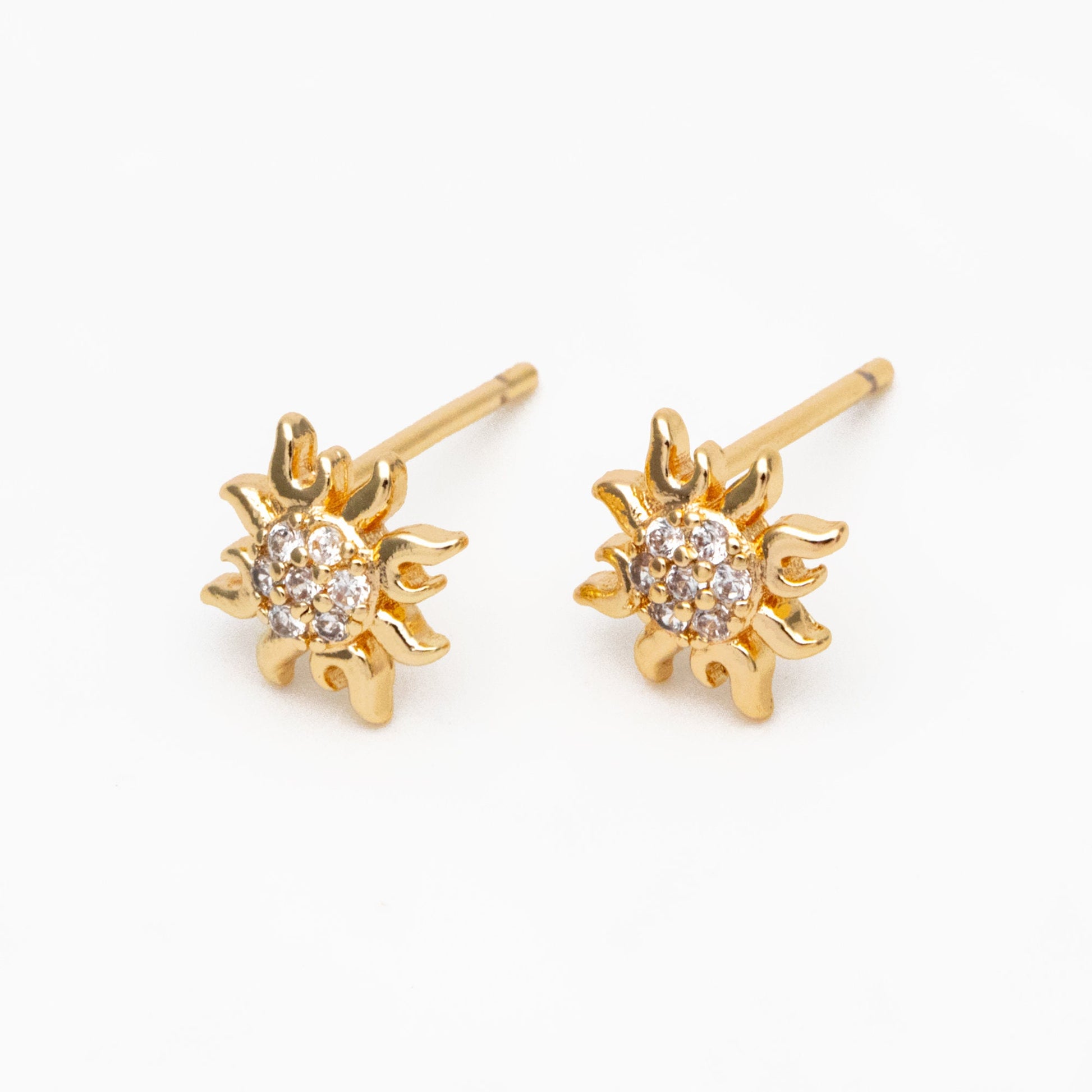 10pcs CZ Pave Gold Sun Earrings 9mm, Real Gold Plated Brass Stud Earrings (#GB-3041-L)
