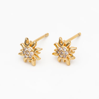 10pcs CZ Pave Gold Sun Earrings 9mm, Real Gold Plated Brass Stud Earrings (#GB-3041-L)