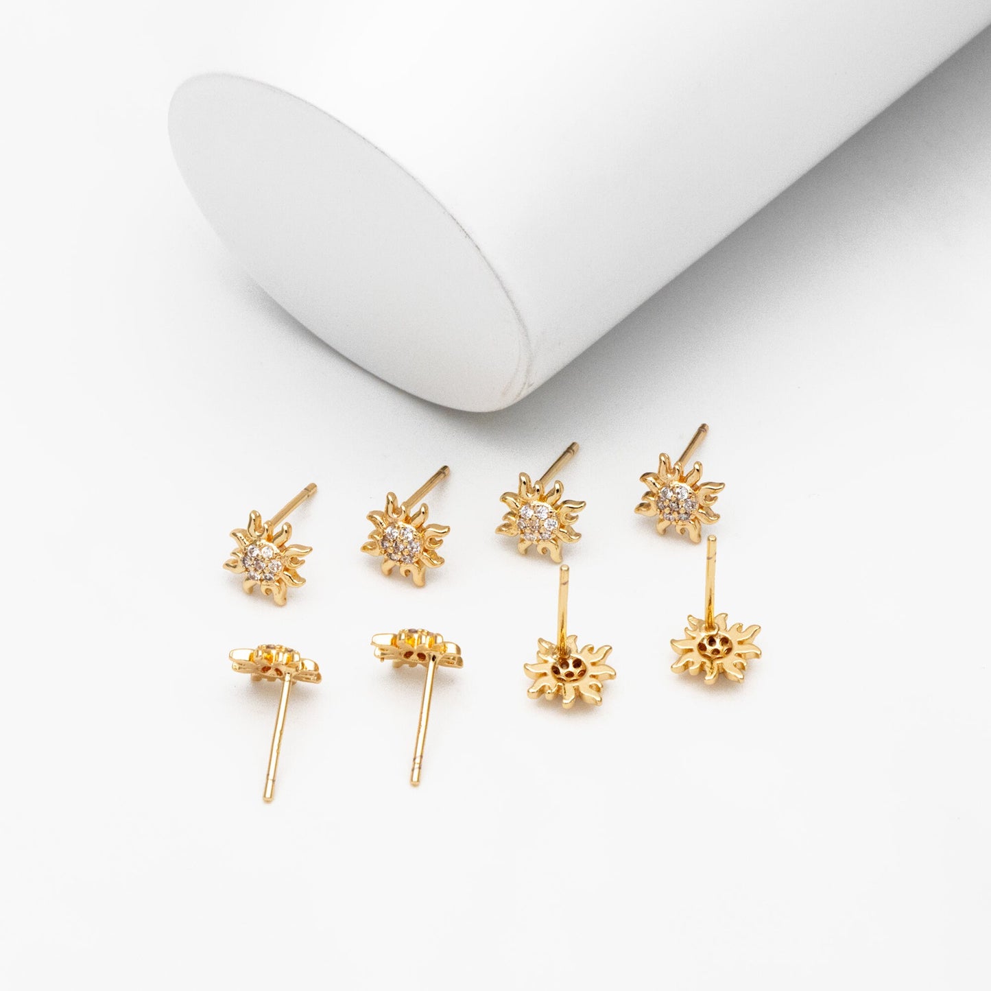 10pcs CZ Pave Gold Sun Earrings 9mm, Real Gold Plated Brass Stud Earrings (#GB-3041-L)
