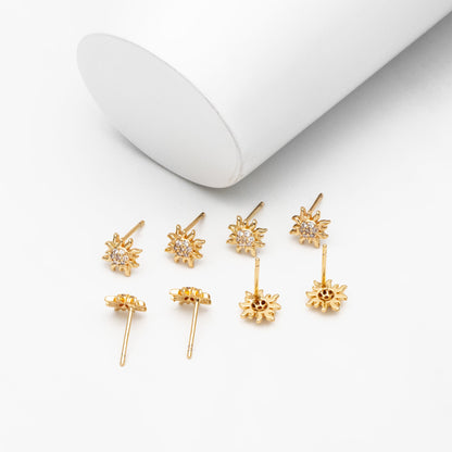 10pcs CZ Pave Gold Sun Earrings 9mm, Real Gold Plated Brass Stud Earrings (#GB-3041-L)