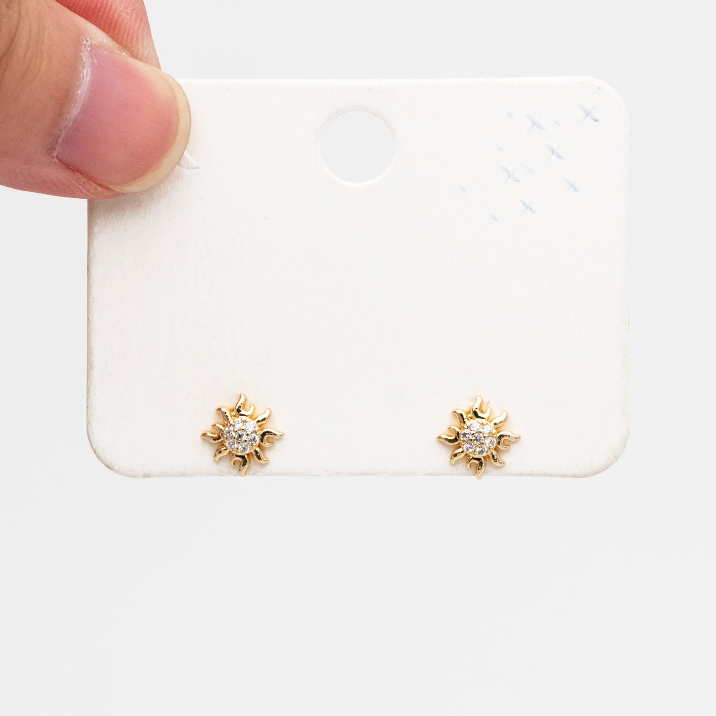 10pcs CZ Pave Gold Sun Earrings 9mm, Real Gold Plated Brass Stud Earrings (#GB-3041-L)