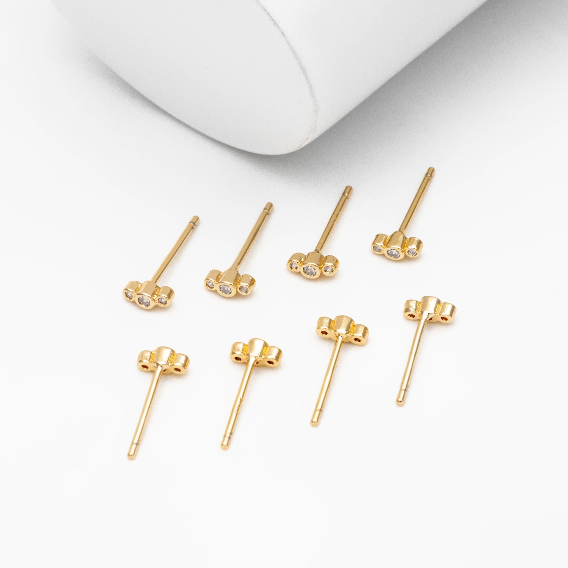 10pcs CZ Pave Dainty Trinity Earrings 5x2mm, Real Gold Plated Brass Minimalist Stud Earrings (#GB-4021)