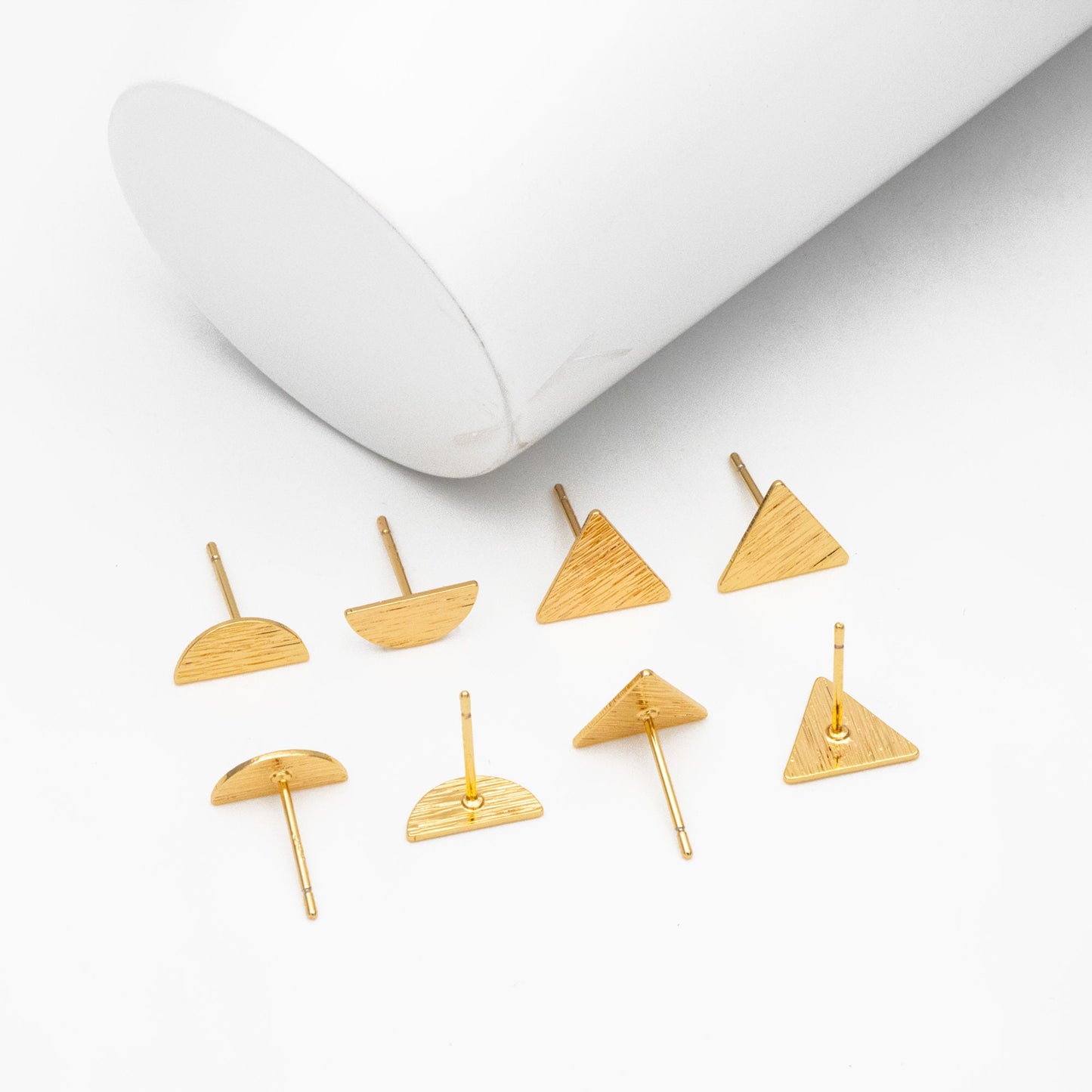 10pcs Gold Brushed Geometric Earrings, Real Gold Plated Brass, Semi Circle/ Triangle/ Square/ Round Earring Studs (GB-4060)
