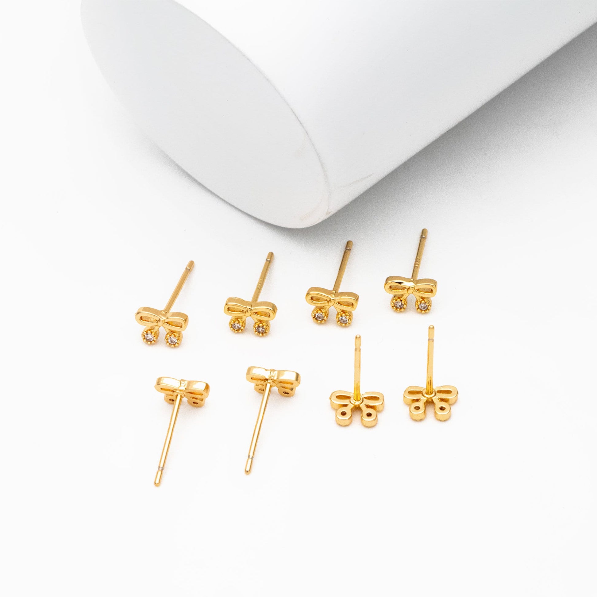 10pcs CZ Pave Gold Bowknot Earrings, 18K Real Gold plated Brass, Bow Knot Stud Earring (GB-4068)