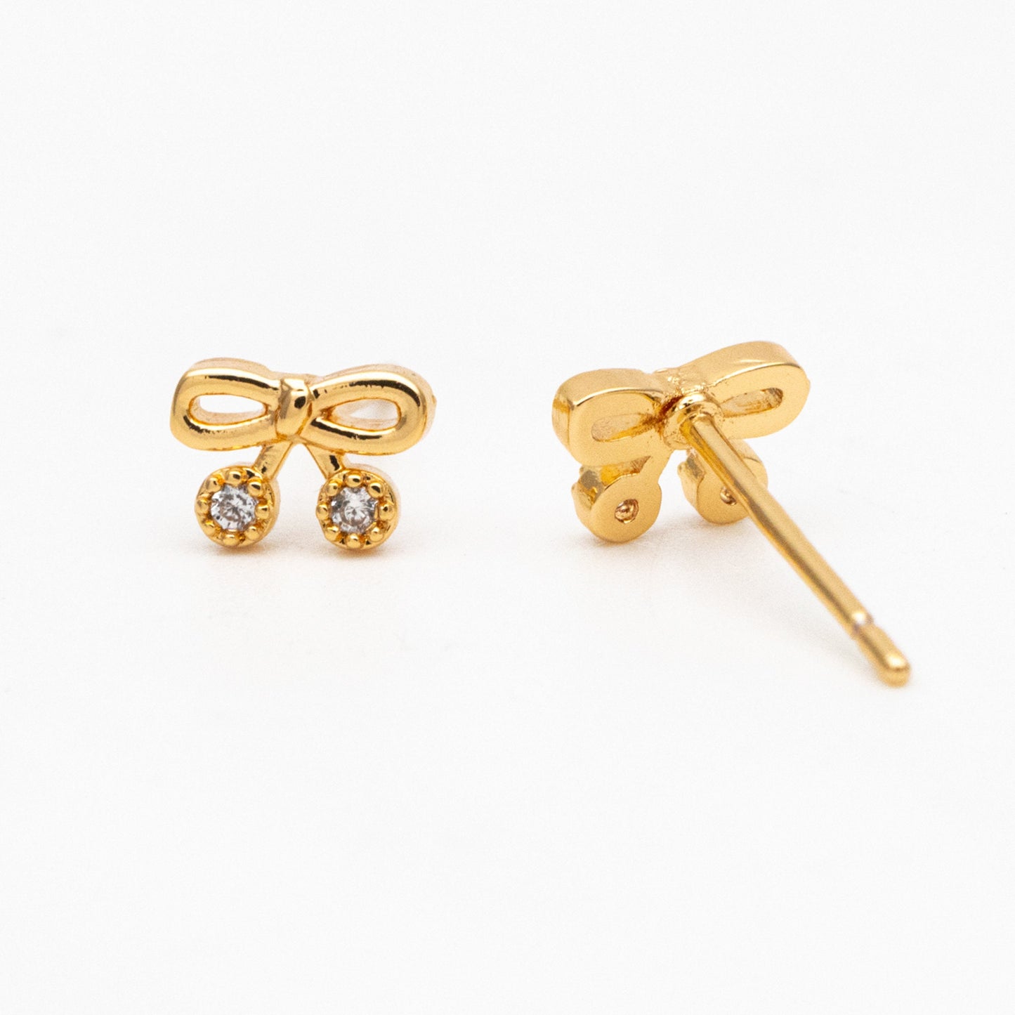 10pcs CZ Pave Gold Bowknot Earrings, 18K Real Gold plated Brass, Bow Knot Stud Earring (GB-4068)