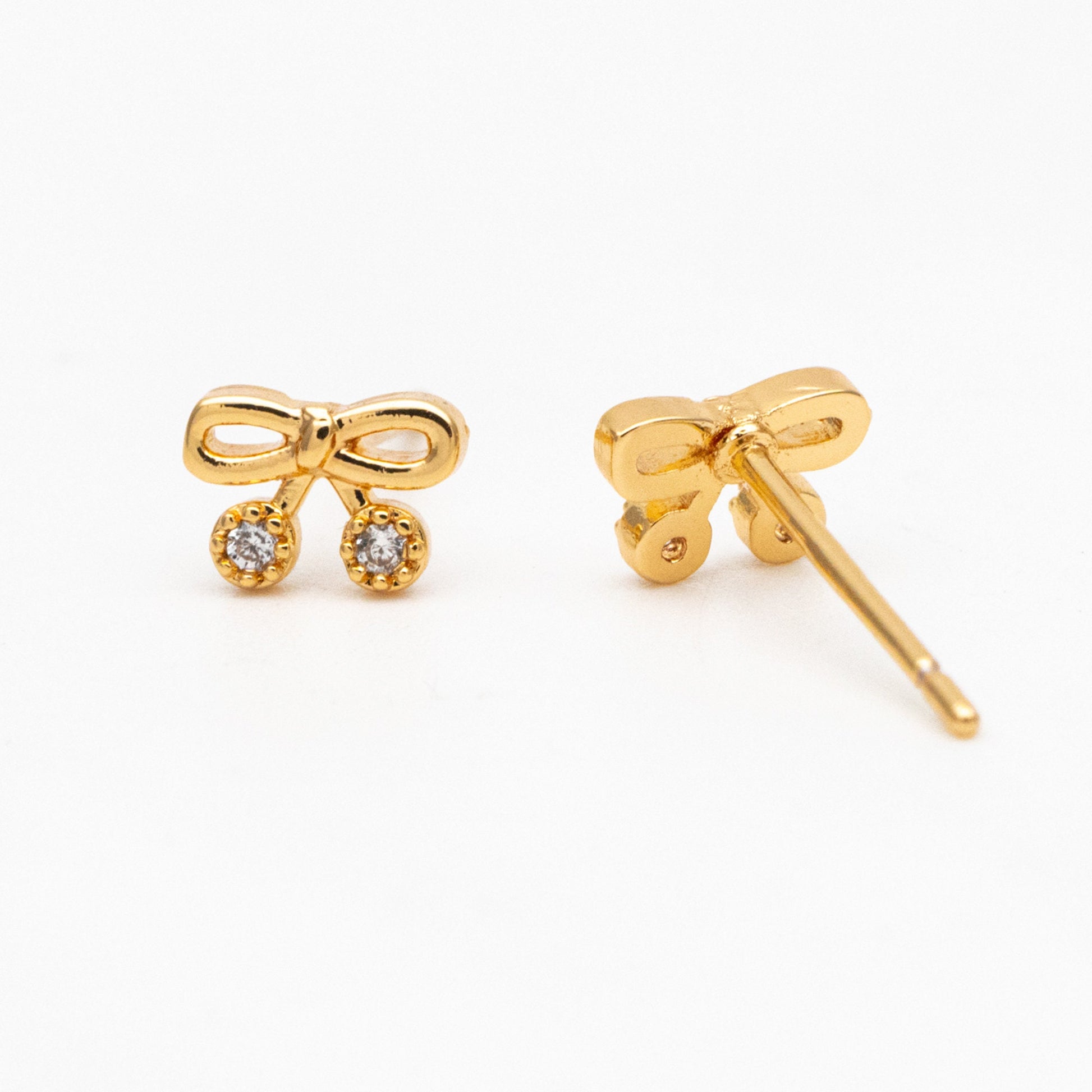10pcs CZ Pave Gold Bowknot Earrings, 18K Real Gold plated Brass, Bow Knot Stud Earring (GB-4068)
