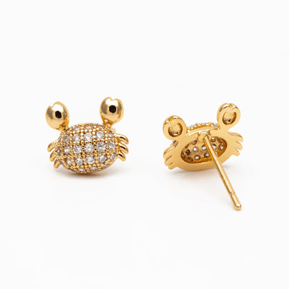 4pcs CZ Pave Gold Crab Earrings, Gold plated Brass, Dianty Crab Stud Earrings (GB-4069)