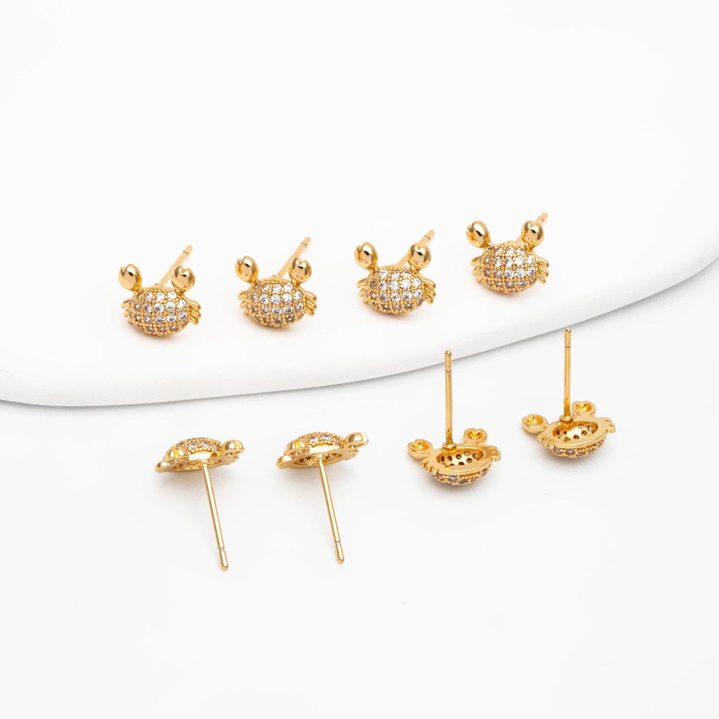 4pcs CZ Pave Gold Crab Earrings, Gold plated Brass, Dianty Crab Stud Earrings (GB-4069)