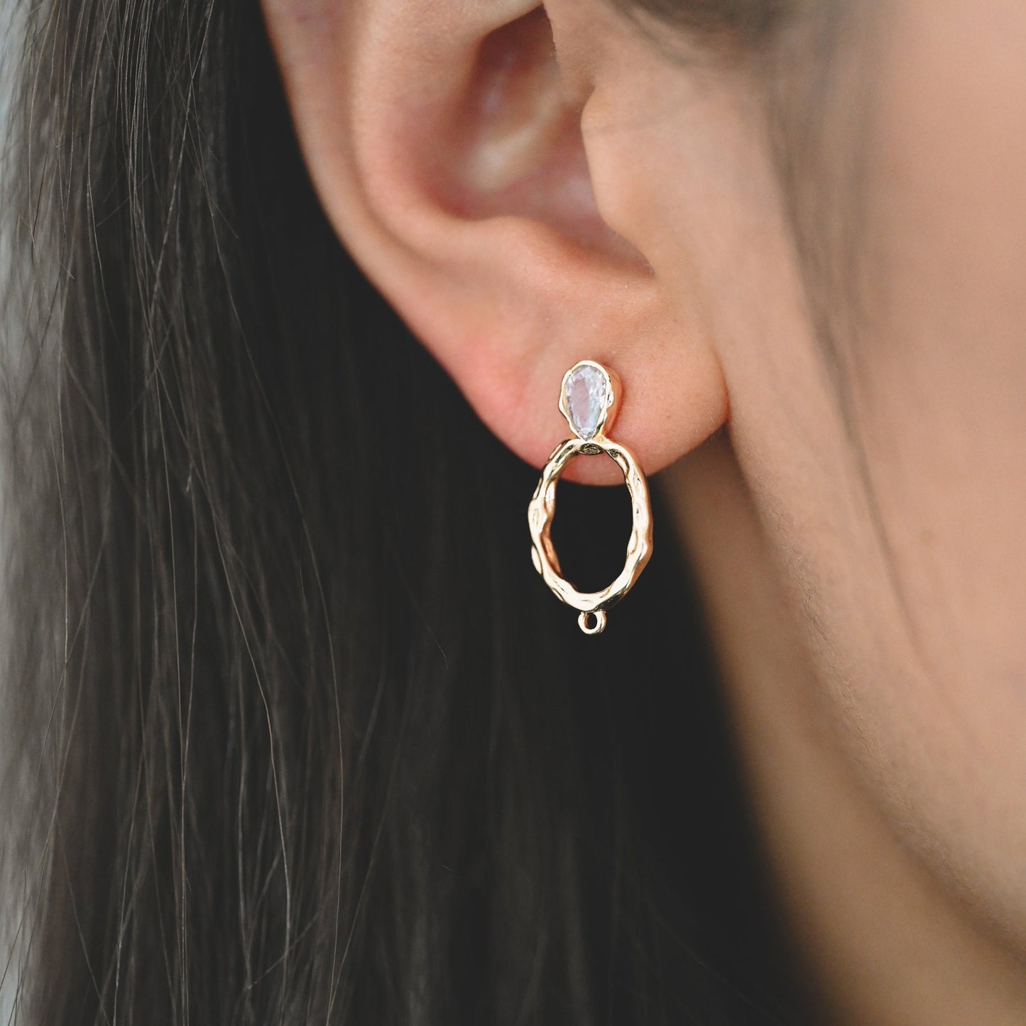 10pcs CZ pave Gold/ Silver Hammered Oval Ear Posts, Geometric Stud Earring, Jewelry Supply (GB-2702)