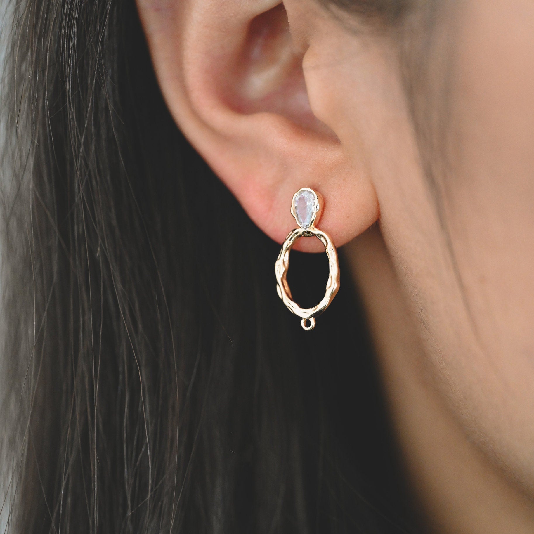 10pcs CZ pave Gold/ Silver Hammered Oval Ear Posts, Geometric Stud Earring, Jewelry Supply (GB-2702)