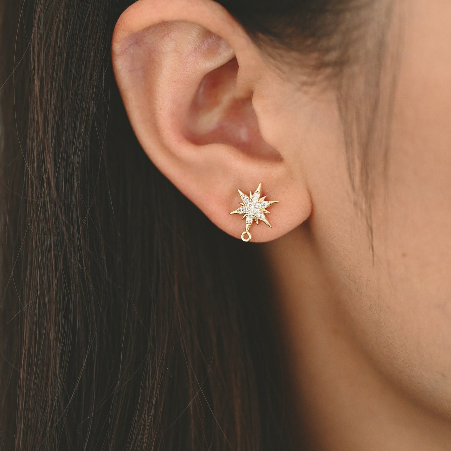 4pcs CZ Pave Hexagram Earrings, 13x10mm, Real Gold Plated Brass Star Stud Earrings (#GB-2783)