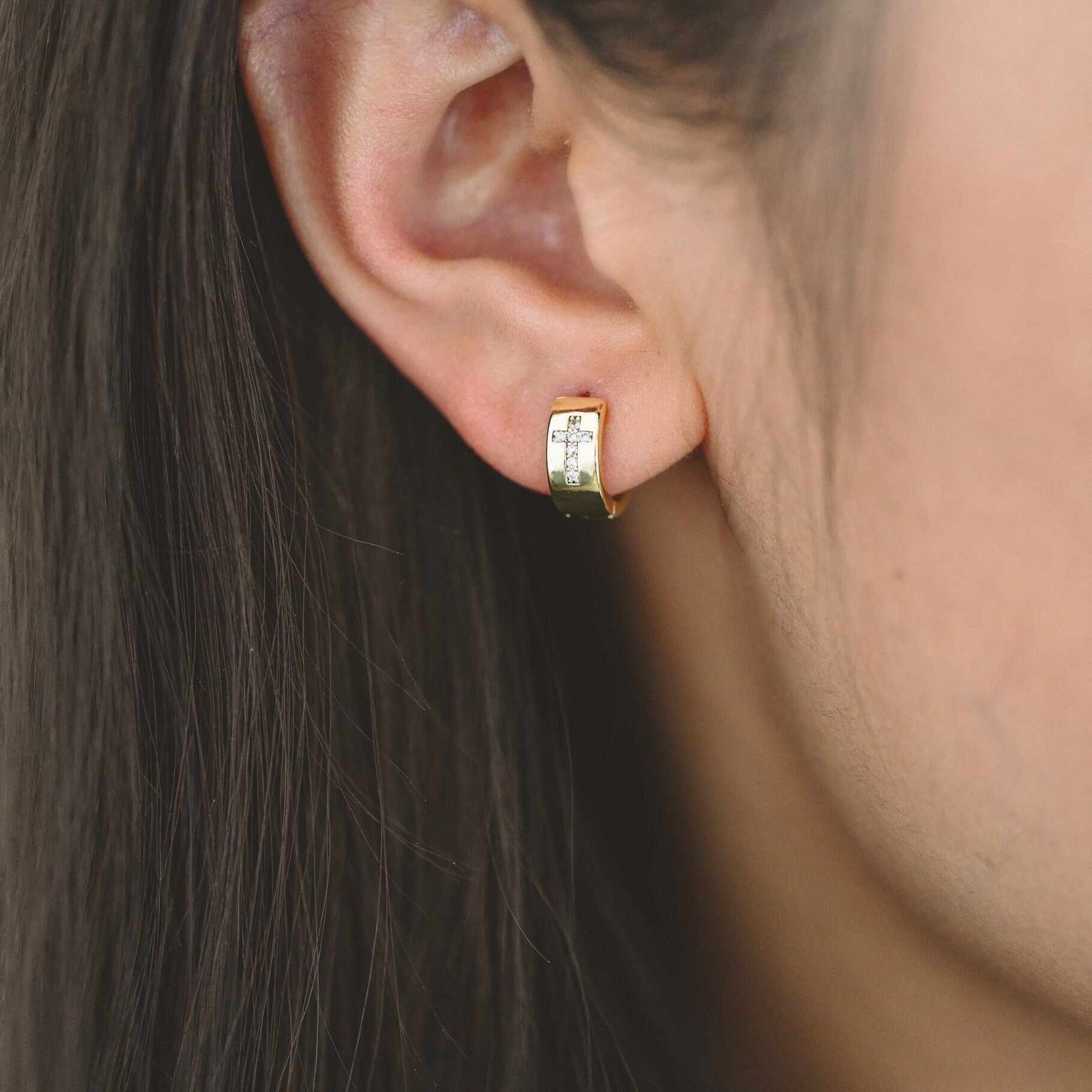 4pcs CZ Pave Cross Huggie Earrings, Hoop Earrings, 18K Gold plated Brass, Earring Component Findings (GB-2873)