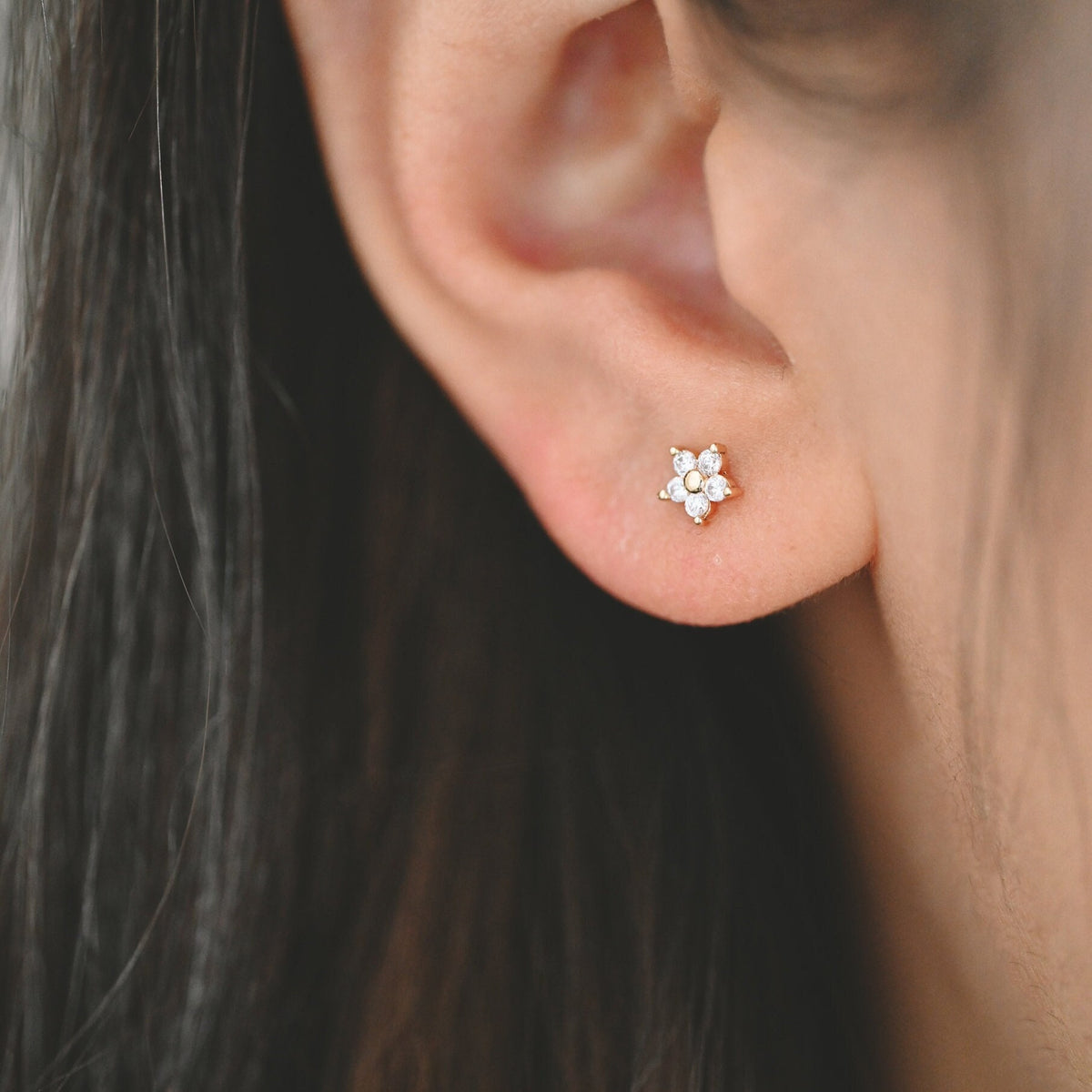 10pcs Gold Flower Stud Earring, Dainty Floral Ear Posts 5mm, CZ pave Tiny Earring Studs (GB-3395-A)