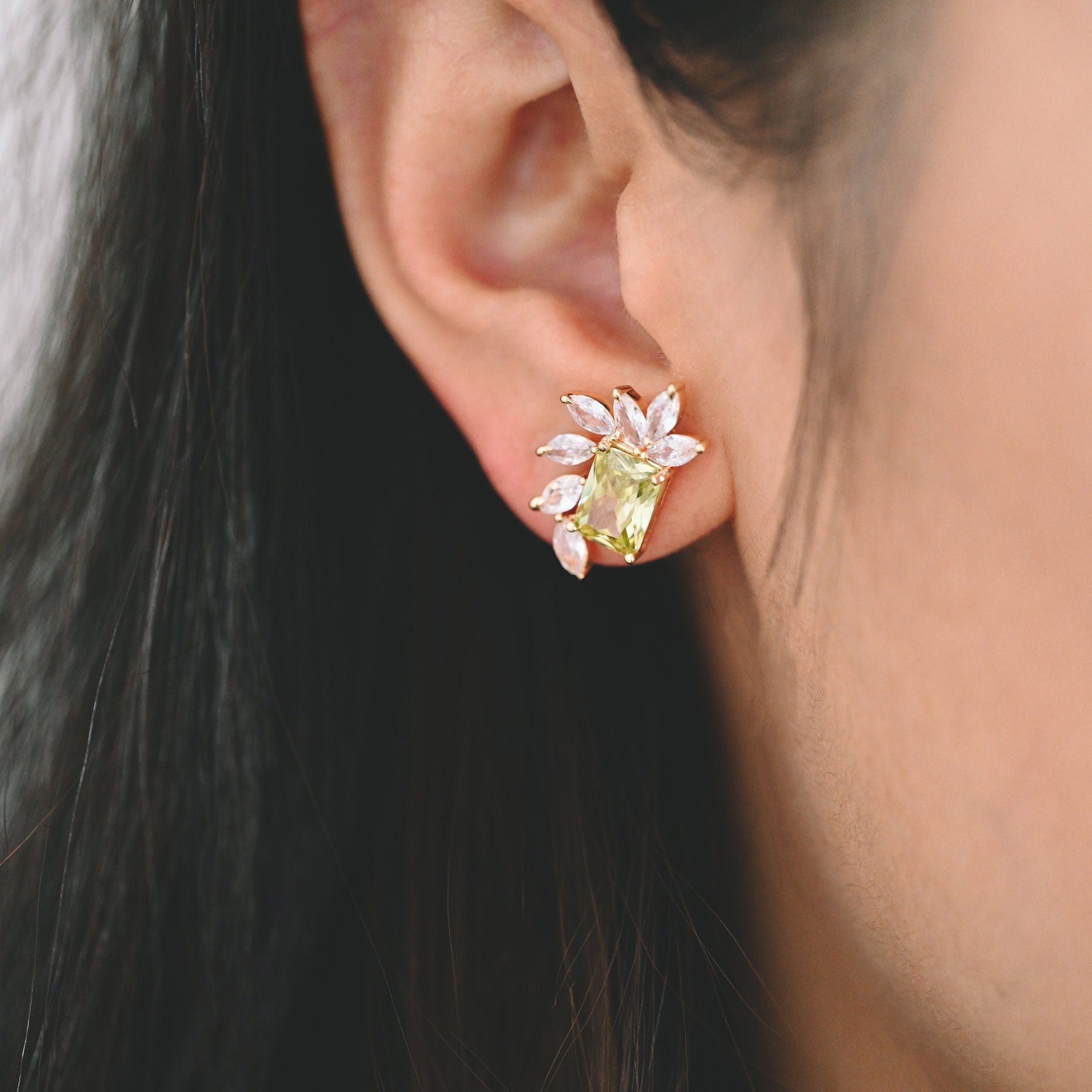 4pcs CZ Pave Olive/ Emerald Rectangle Leaf Earring Studs, Dainty Earrings, Gift For Her (#GB-2943)