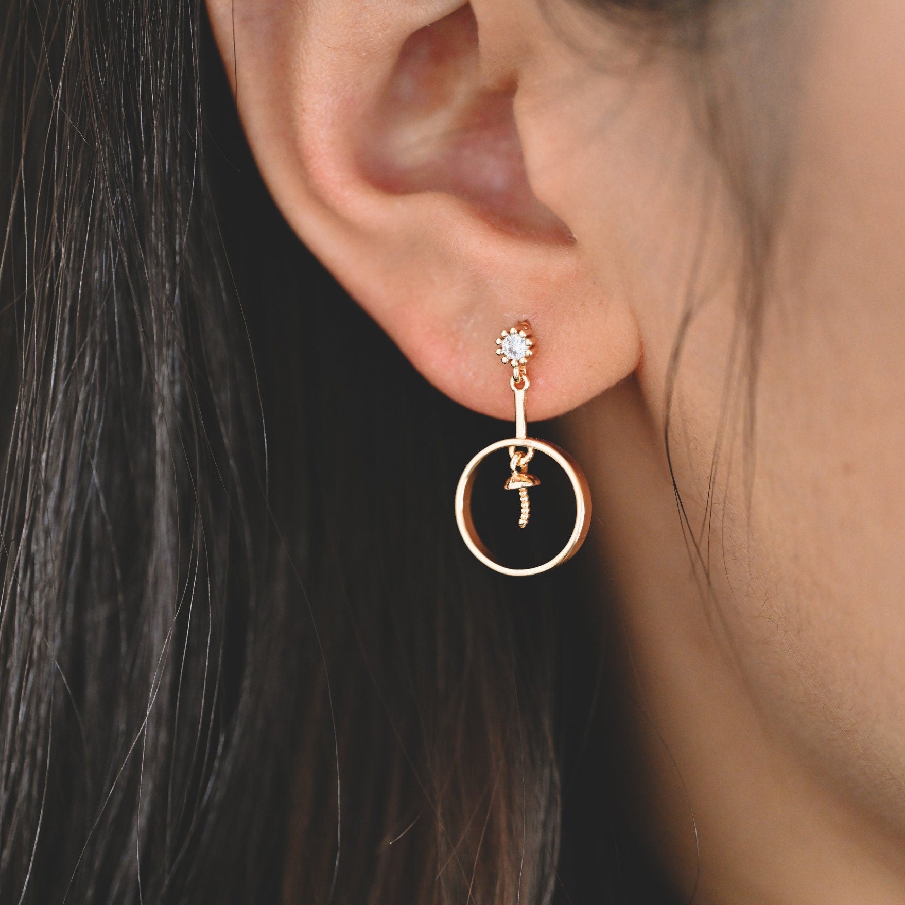 4pcs CZ Pave Round Drop Earring, Pearl Earring Mounts, Half Drilled Pearls Earring Settings (#GB-2945)