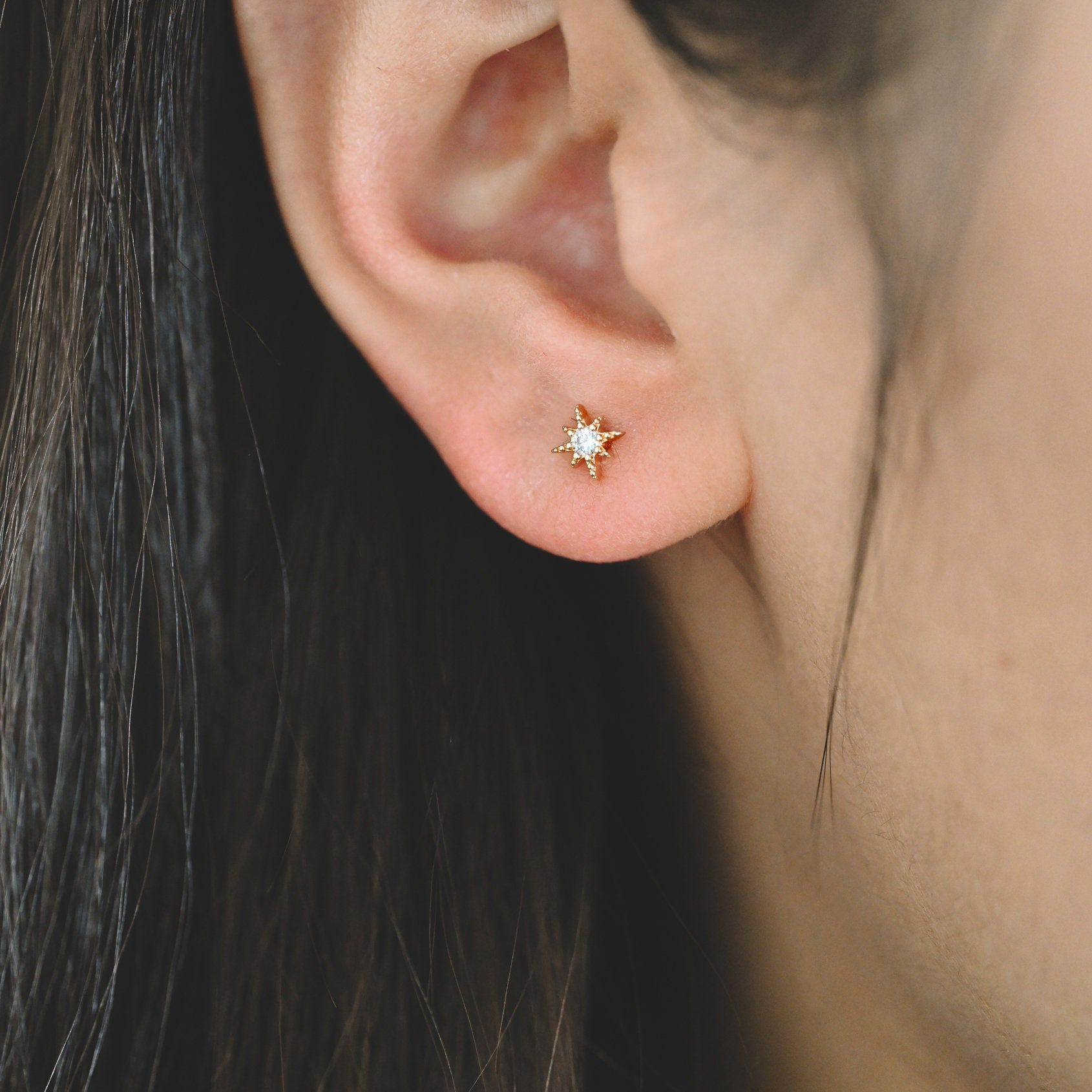 10pcs CZ Paved North Star Ear Posts, 5.5mm, Real Gold Plated Brass Star Stud Earrings (#GB-3041-E)