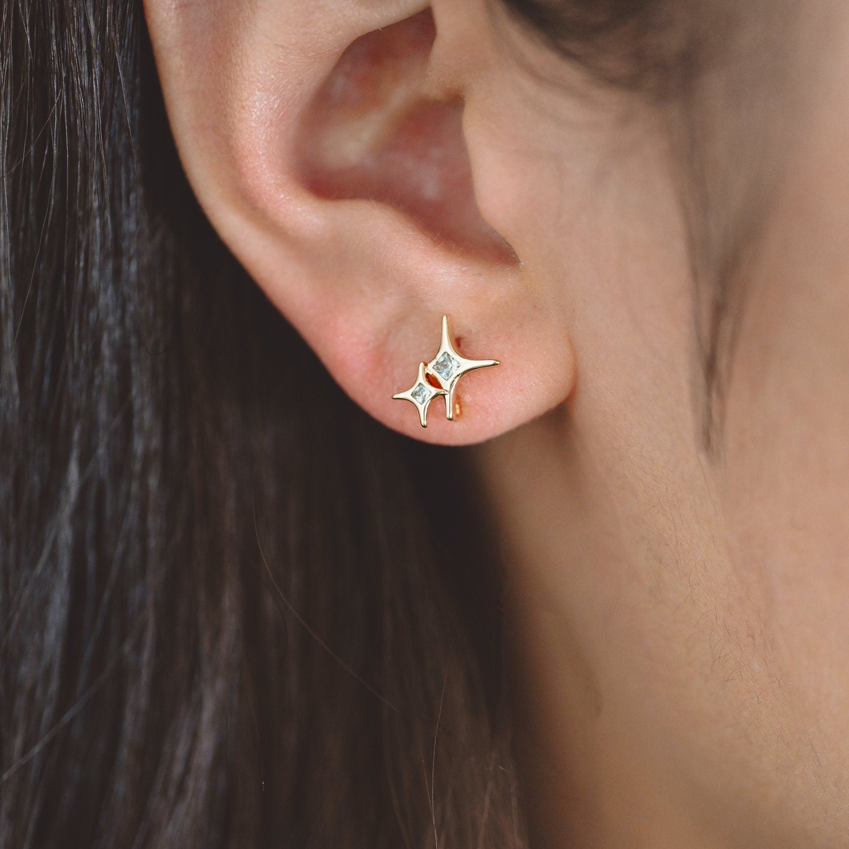 4pcs CZ Pave Gold Cross Star Earring with Loop, Gold Plated Brass North Star Stud Earrings (GB-2979)