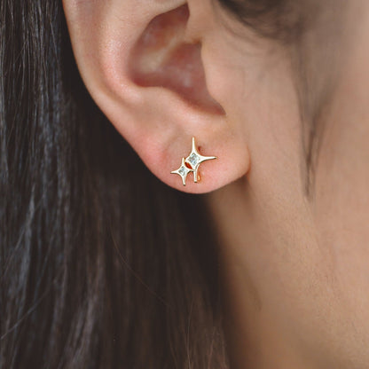 4pcs CZ Pave Gold Cross Star Earring with Loop, Gold Plated Brass North Star Stud Earrings (GB-2979)