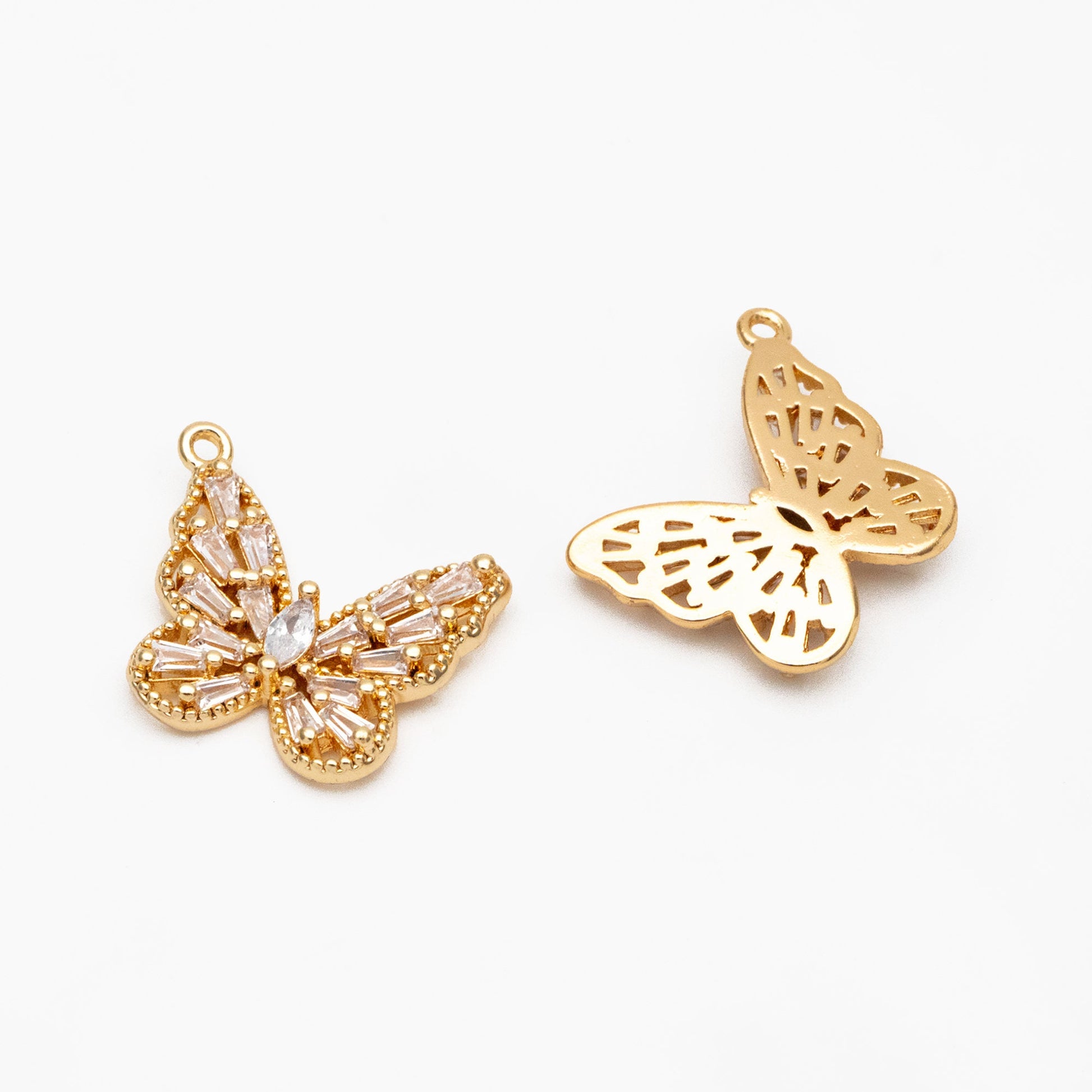 4pcs Gold plated Brass Hollow Butterfly Charms, CZ pave Butterfly Filigree Pendants (GB-3561-B)