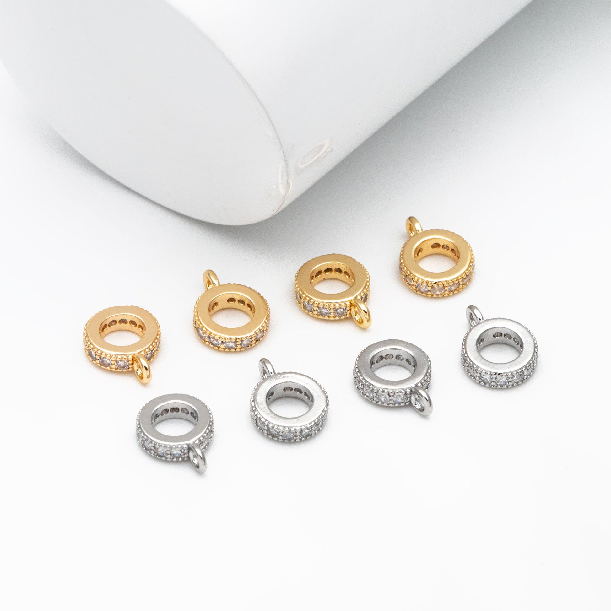 10pcs CZ Pave Gold/ Silver Bail Beads, Bail Charm Holder Spacer with Loop, Tube Bails, Cord Bails, Slider Bails, Spacer Ring (GB-1328-C)