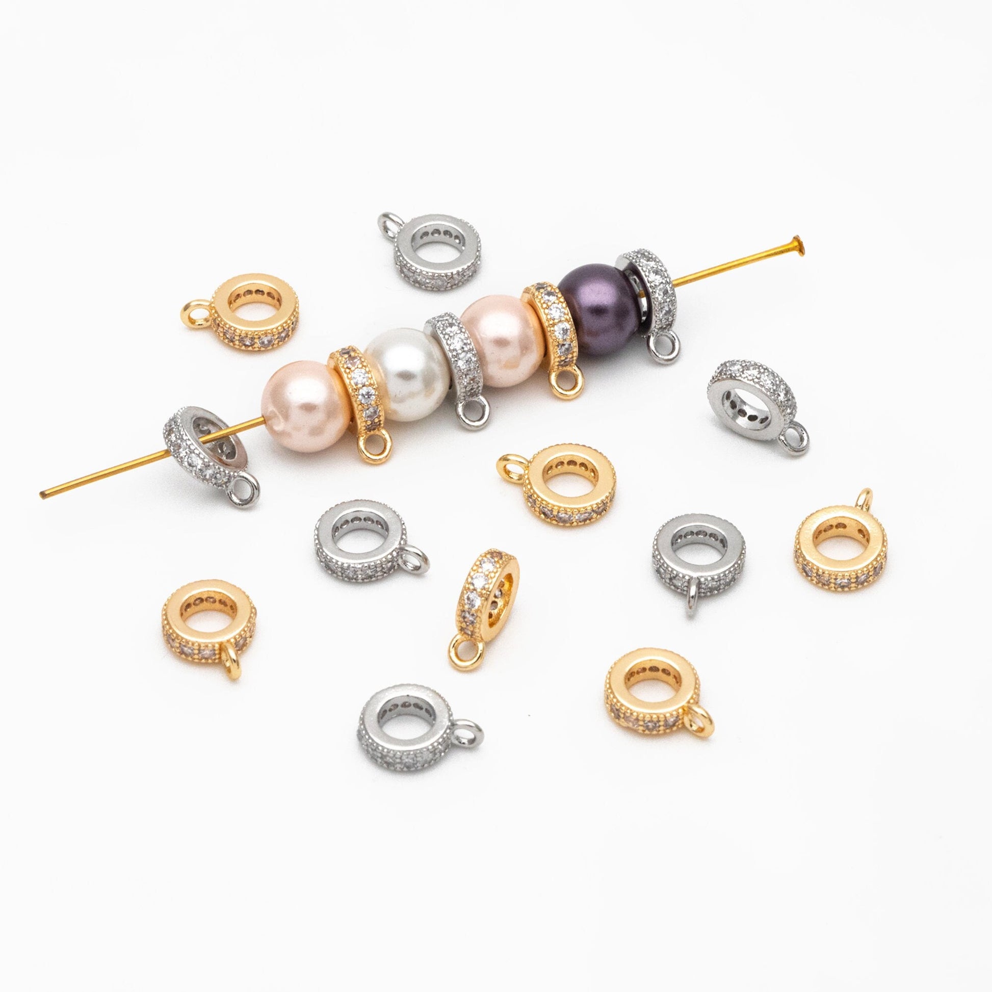 10pcs CZ Pave Gold/ Silver Bail Beads, Bail Charm Holder Spacer with Loop, Tube Bails, Cord Bails, Slider Bails, Spacer Ring (GB-1328-C)