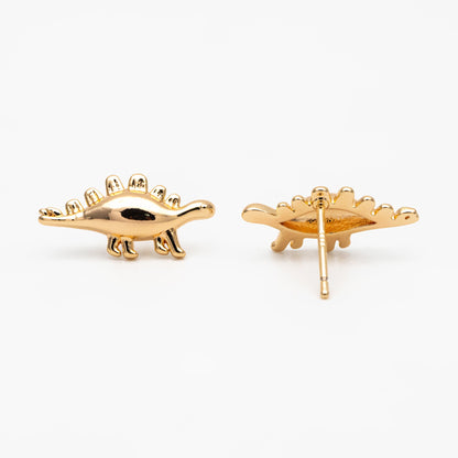 10pcs Gold Dinosaur Earrings 8x17mm, Gold Plated Brass, Cute Dinosaur Stud Earrings (GB-4028)