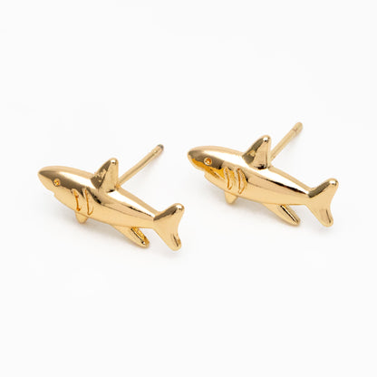 10pcs Gold Shark Earrings 8x16mm, Gold Plated Brass Ocean Stud Earrings (GB-4460-F)