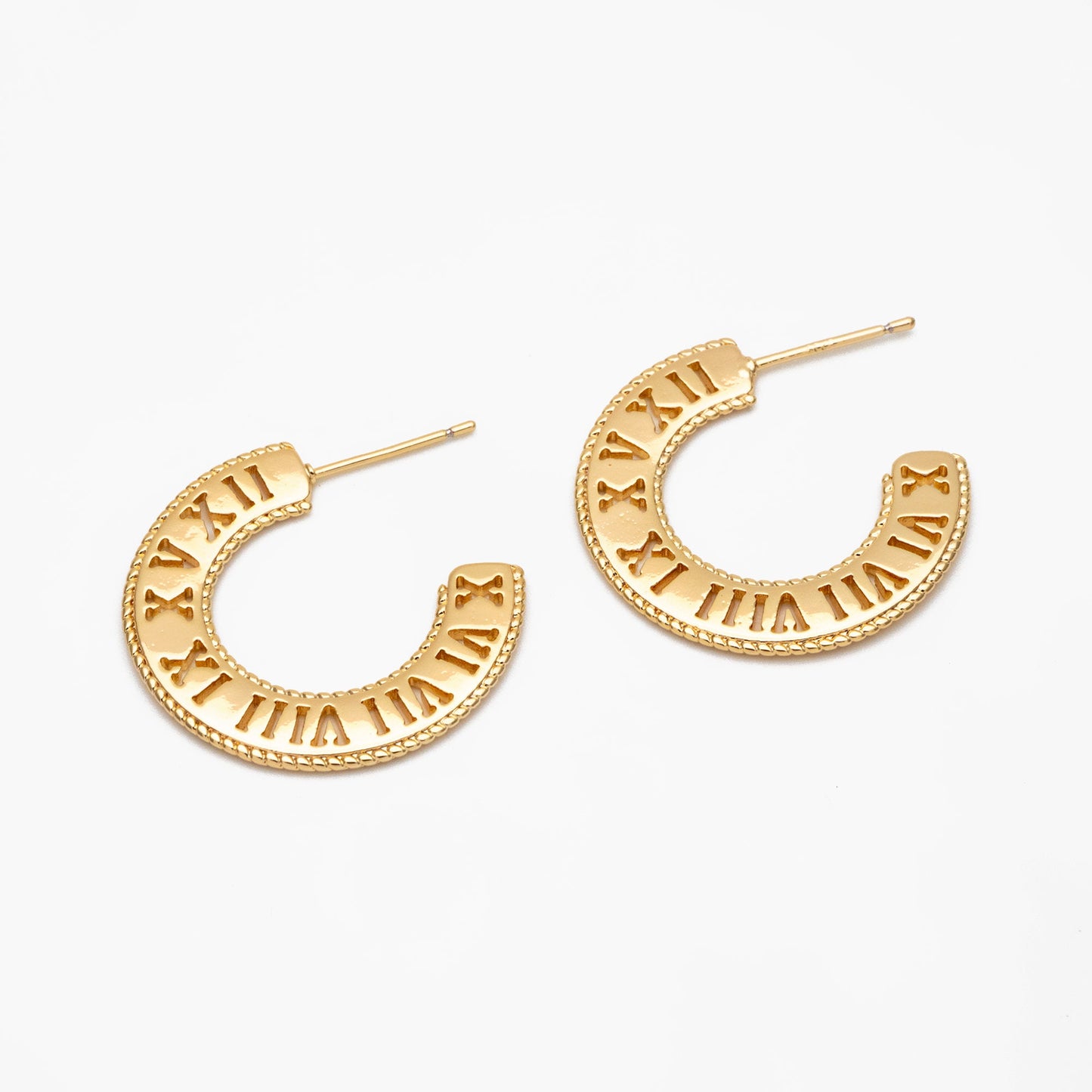 4pcs Gold Roman Numerals Round Circle Earrings 26mm, Gold plated Brass, Dainty Geometric Hoop Stud Earrings (GB-4034)