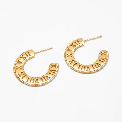 4pcs Gold Roman Numerals Round Circle Earrings 26mm, Gold plated Brass, Dainty Geometric Hoop Stud Earrings (GB-4034)