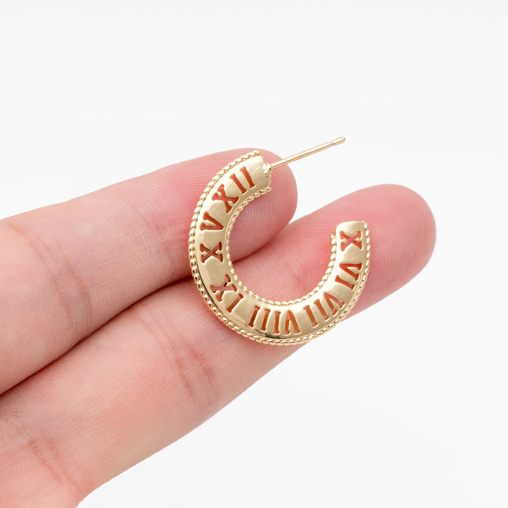 4pcs Gold Roman Numerals Round Circle Earrings 26mm, Gold plated Brass, Dainty Geometric Hoop Stud Earrings (GB-4034)