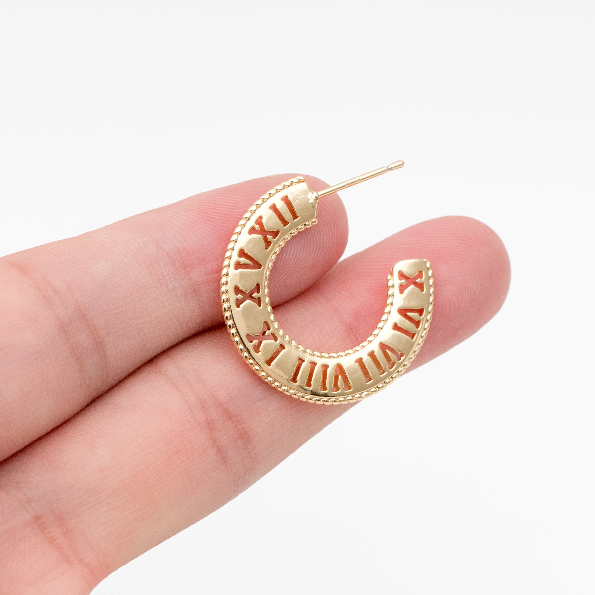 4pcs Gold Roman Numerals Round Circle Earrings 26mm, Gold plated Brass, Dainty Geometric Hoop Stud Earrings (GB-4034)